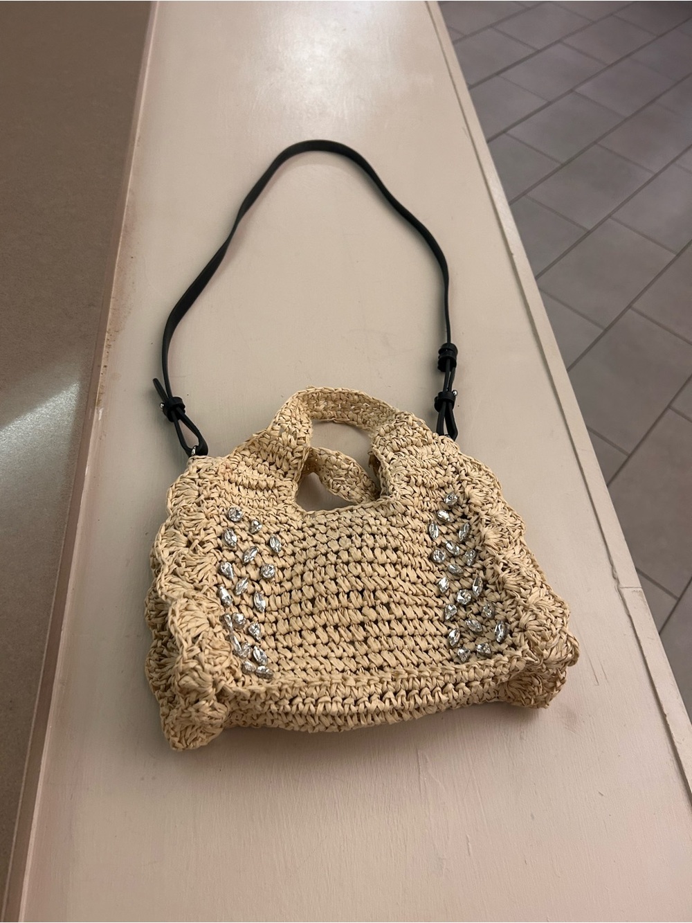 BTB Los Angeles Woven Straw Crossbody Bag with Crystal Trim - Cream